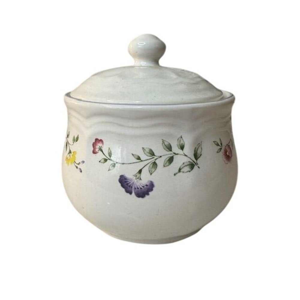 English Garden Stoneware Floral Design Lidded Sugar Bowl Or Small Jar Oven & Mic